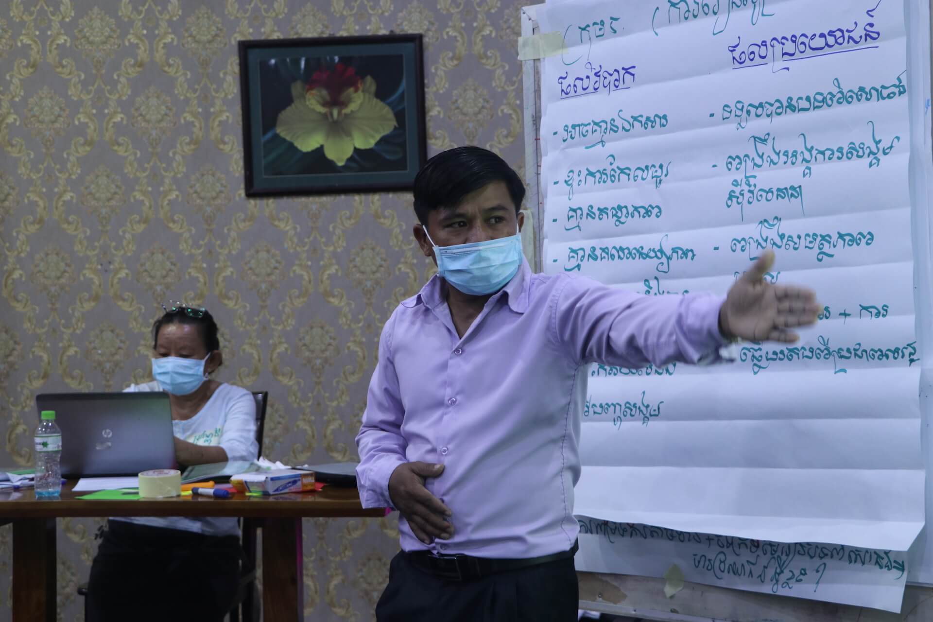 Trainers Sovanny Hong and Chhunneat Tak explain young people from Phnom Penh the structure of local administration.