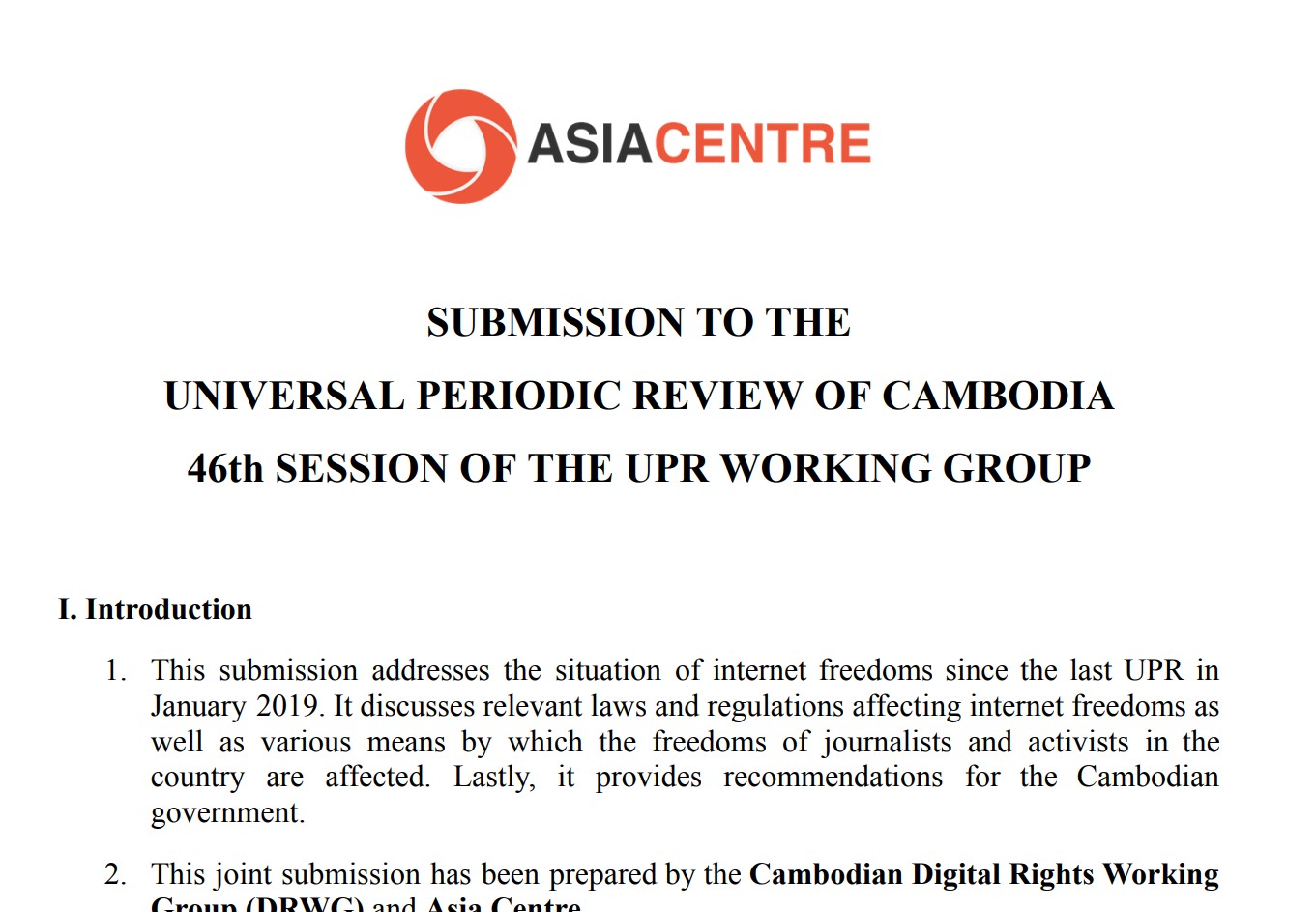 Submission to the Universal Periodic Review of Cambodia – 46th Session of the UPR Working Group